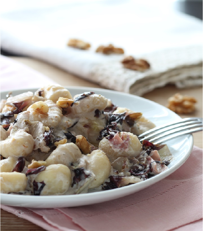 Gnocchi with Red Chicory Sauce and Walnuts
